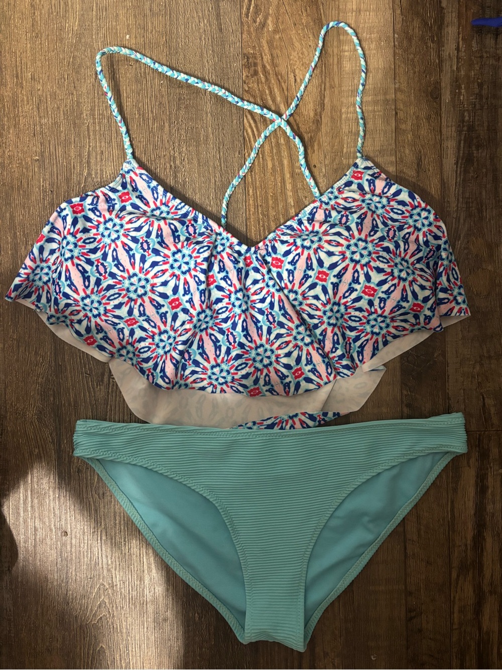 Blue & White Patterned Flounce Bikini Set
